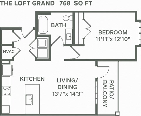 Floor plan for 1 bed, 1 bath, 768 sqft